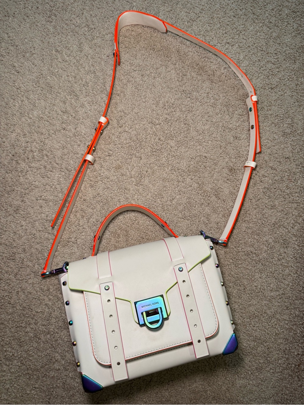 Michael Kors Cream Leather Crossbody Satchel with Neon Orange Trim